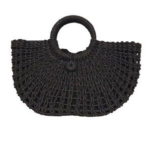 Woven Straw Hobo Handbag  Beach Bag  Drawstring Closure Black